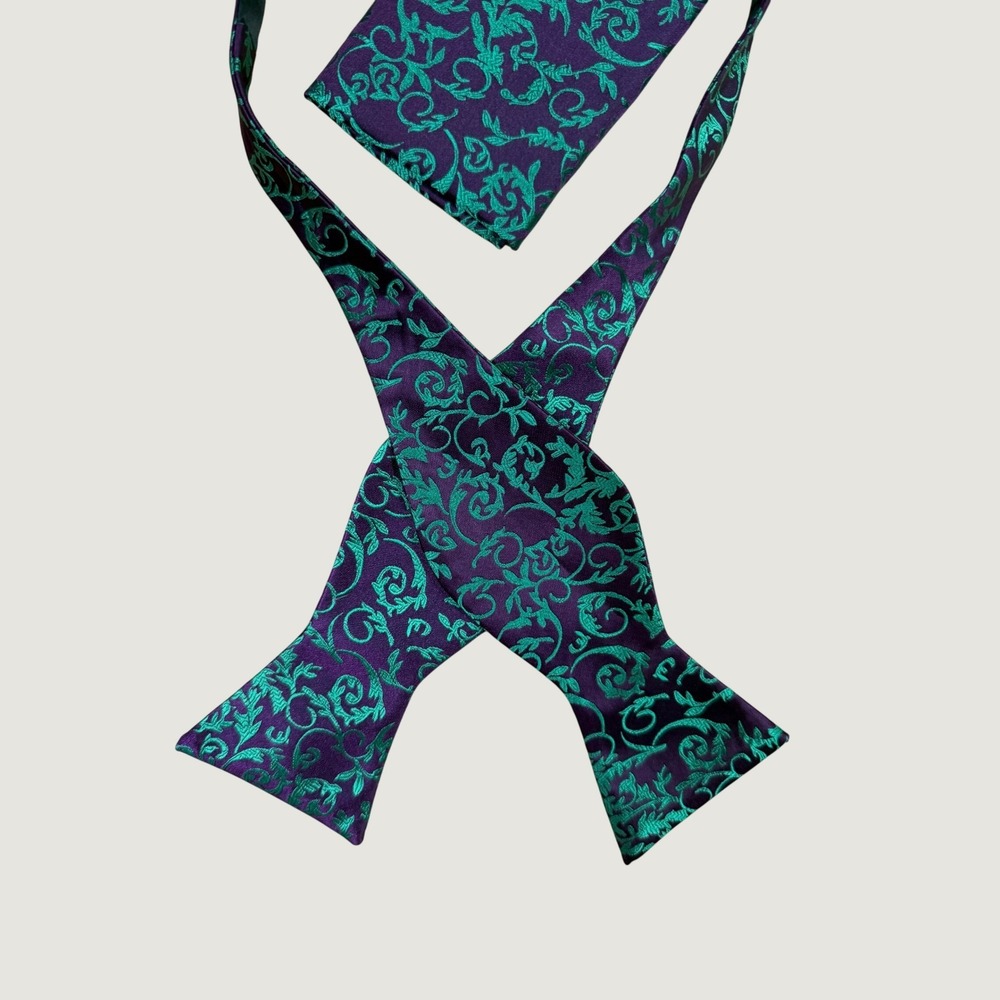 Preppy Purple Green Floral Paisley Silk Bow Tie & Pocket Square Set Dapper